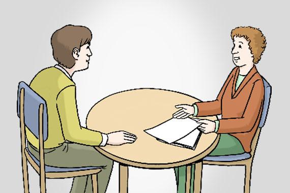 Illustration von zwei Personen an einem Tisch, die sich unterhalten.