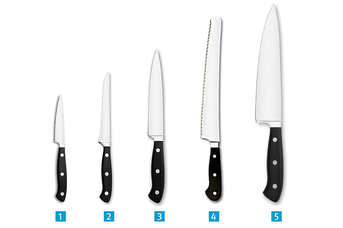 Abbildung von fünf verschiedenen Messern.