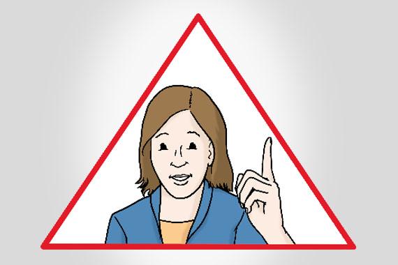 Illustration das Portrait einer Frau mit erhobenem Zeigefinger in einem roten Warndreieck.