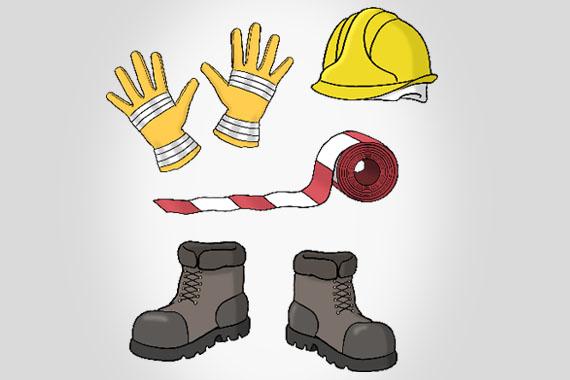Illustration von Arbeitskleidung: Handschuhe, Schuhe, Absperrband und ein Schutzhelm.