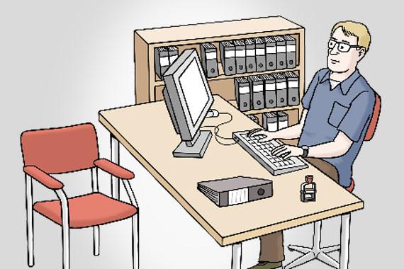 Illustration eines Mannes am Arbeitsplatz mit Schreibtisch und Computer.