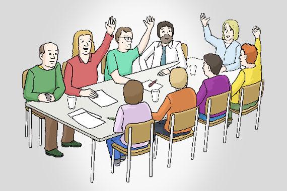 Illustration von neun Personen bei einer Besprechung an einem Tisch, drei Personen heben die Hand.