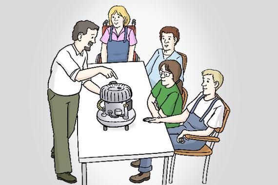 Illustration von fünf Personen an einem Tisch, ein Mann erklärt den anderen eine Maschine, die auf dem Tisch steht.