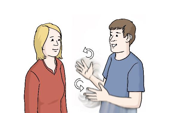 Illustration einer Frau und eines Mannes, die sich in Gebärdensprache unterhalten.