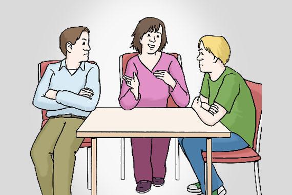 Illustration von drei Personen, die an einem Tisch sitzen und sich unterhalten.