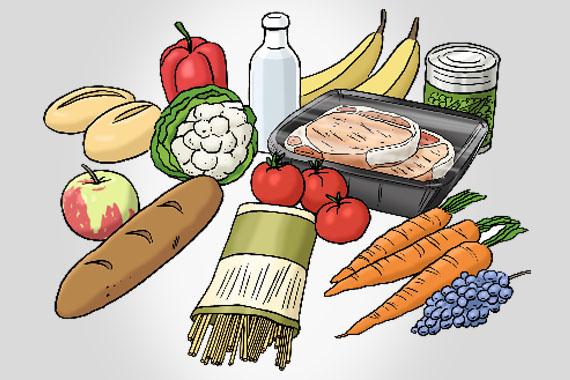 Illustration von verschiedenen Nahrungsmitteln wie Brot, Karotten und Nudeln.
