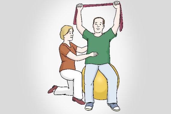 Illustration einer Frau, die einem Mann bei Gymnastikübungen hilft.