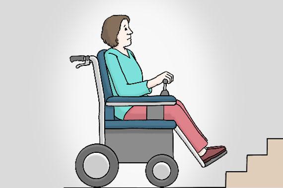 Illustration einer Frau im Rollstuhl, die vor einer Treppe steht.