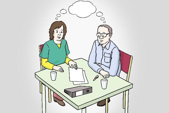 Illustration von zwei Personen an einem Tisch, über Ihnen eine leere Gedankenblase.
