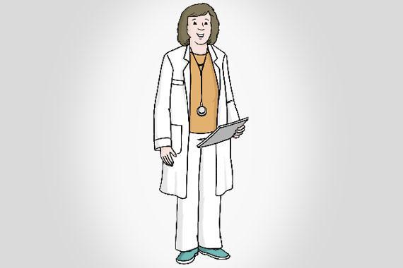 Illustration einer Ärztin mit Kittel und Klemmbrett.