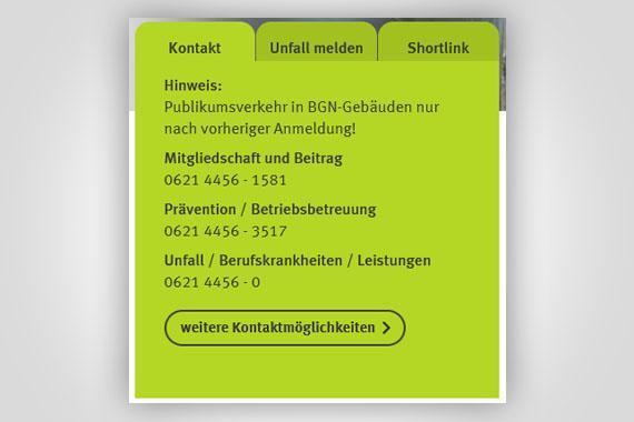 Screenshot der grünen Kontaktbox auf der Startseite der BGN-Webseite.
