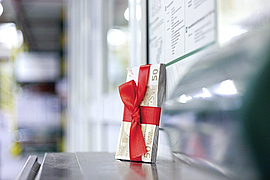 Gebündelte 50-Euro Geldscheine mit einer roten Schleife