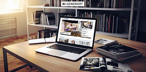 Ein Laptop auf einem Schreibtisch in einem Büro zeigt die Startseite des BGN-Webmagazins Akzente