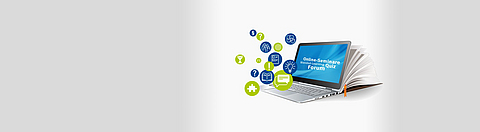 Grafik zeigt einen Laptop, auf dem "Online-Seminare" steht und der hinter dem Bildschirm zu einem Buch wird.