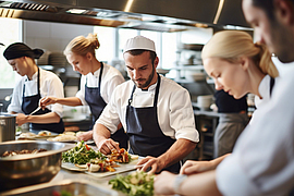 Ein Team junger Köche bereitet Gerichte in einer geschäftigen Restaurantküche zu
