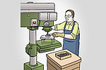 Illustration eines Mannes, der an einer Maschine arbeitet.