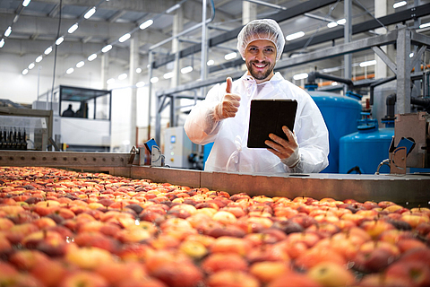 Technologe zeigt Daumen hoch in der Lebensmittelfabrik und überprüft die Qualität von Apfelfrüchten