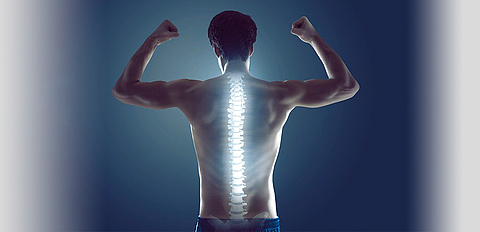 Mann von hinten, seine Wirbelsäule ist animiert und leuchtet.