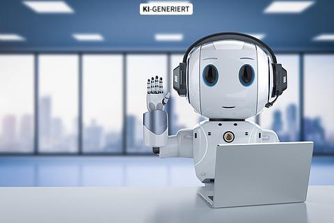 Lächelnder und winkender Roboter mit einem Laptop