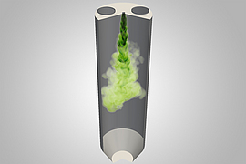 Computersimulation einer Staubwolke bei pneumatischer Silobefüllung