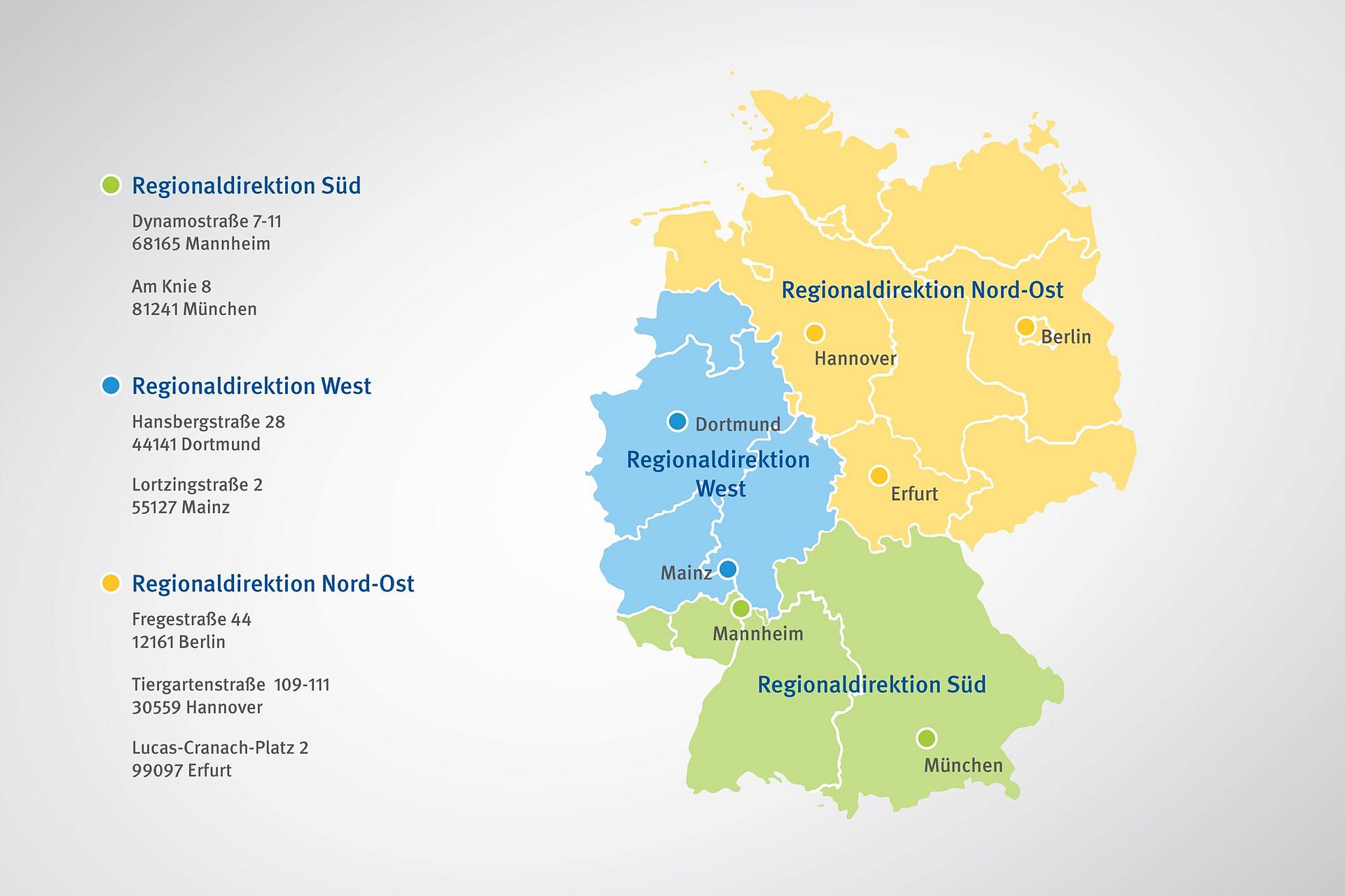 Karte mit den Standorten der Regionaldirektionen der BGN