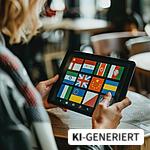 Eine Übersetzungs-App auf einem Tablet zeigt die Flaggen verschiedener Länder an.