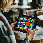 Eine Übersetzungs-App auf einem Tablet zeigt die Flaggen verschiedener Länder an.