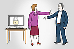 Illustration einer Frau, die beschützend vor einem  Tisch mit Computer steht, ein Mann zeigt auf den Computer, wird aber von der Frau abgewehrt.