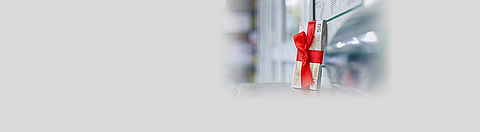 Gebündelte 50-Euro Geldscheine mit einer roten Schleife