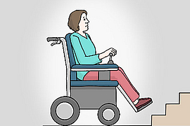 Illustration einer Frau im Rollstuhl, die vor einer Treppe steht.