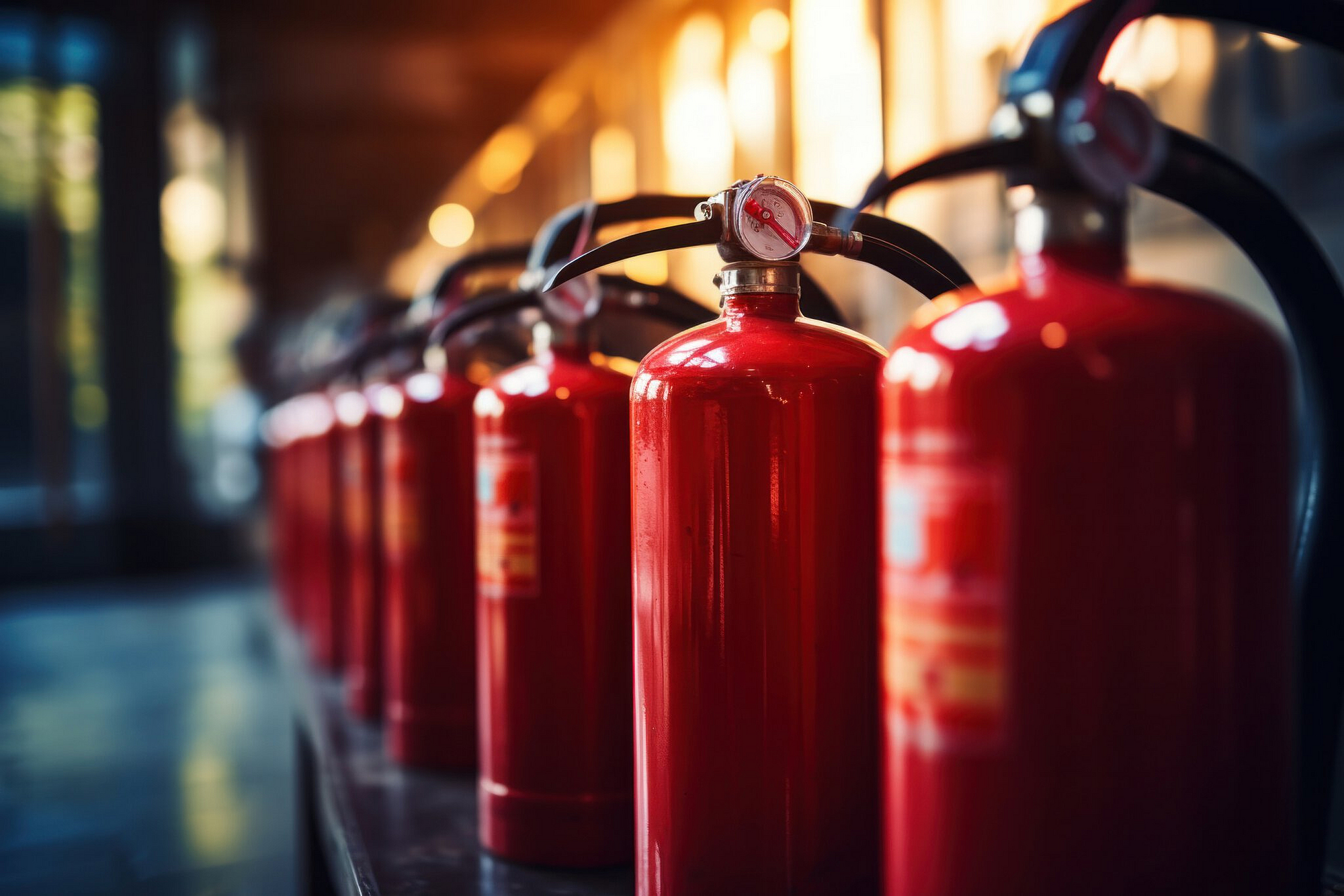 Feuerlöscher aufgereiht in einer Industriehalle