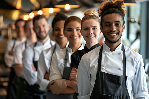Selbstbewusstes multiethnisches Restaurantpersonal kommt zusammen