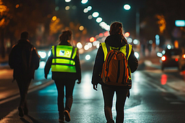 Personen, die reflektierende Westen tragen, gehen sicher auf einer gut beleuchteten Stadtstraße während der Nachtzeit mit vorbeifahrendem Verkehr