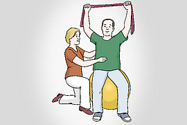 Illustration einer Frau, die einem Mann bei Gymnastikübungen hilft.
