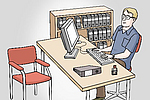 Illustration eines Mannes am Arbeitsplatz mit Schreibtisch und Computer.