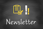 Die Illustration zeigt ein gelbes Klemmbrett, das abgehakt ist und zwei Ausrufungszeichen. Darunter steht "Newsletter".